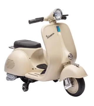 Moto Eléctrica para Niños Licencia VESPA Arranque Suave Ruedines Desmontables Luz Delantera Música, Bocina USB Blanco