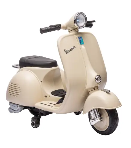 Moto Eléctrica para Niños Licencia VESPA Arranque Suave Ruedines Desmontables Luz Delantera Música, Bocina USB Blanco