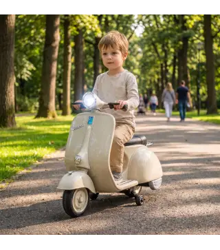 Moto Eléctrica para Niños Licencia VESPA Arranque Suave Ruedines Desmontables Luz Delantera Música, Bocina USB Blanco