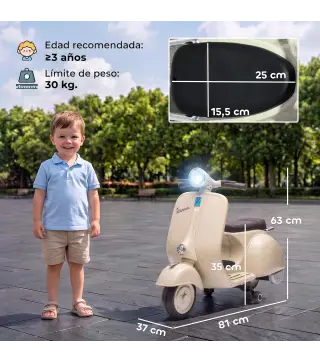 Moto Eléctrica para Niños Licencia VESPA Arranque Suave Ruedines Desmontables Luz Delantera Música, Bocina USB Blanco