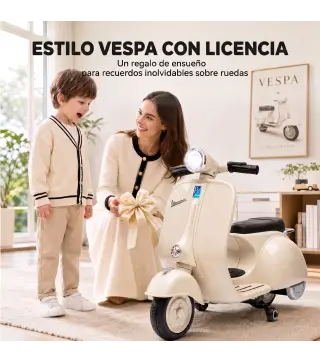 Moto Eléctrica para Niños Licencia VESPA Arranque Suave Ruedines Desmontables Luz Delantera Música, Bocina USB Blanco