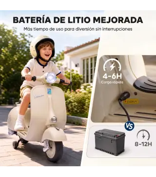 Moto Eléctrica para Niños Licencia VESPA Arranque Suave Ruedines Desmontables Luz Delantera Música, Bocina USB Blanco