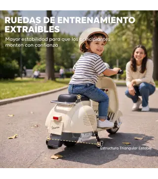 Moto Eléctrica para Niños Licencia VESPA Arranque Suave Ruedines Desmontables Luz Delantera Música, Bocina USB Blanco