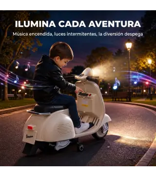 Moto Eléctrica para Niños Licencia VESPA Arranque Suave Ruedines Desmontables Luz Delantera Música, Bocina USB Blanco