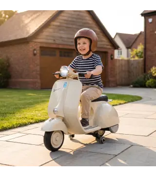 Moto Eléctrica para Niños Licencia VESPA Arranque Suave Ruedines Desmontables Luz Delantera Música, Bocina USB Blanco