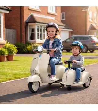 Moto Eléctrica para Niños Licencia VESPA con 2 Asientos Arranque Suave Luz Delantera Música USB y Almacenamiento Crema