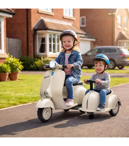 Moto Eléctrica para Niños Licencia VESPA con 2 Asientos Arranque Suave Luz Delantera Música USB y Almacenamiento Crema