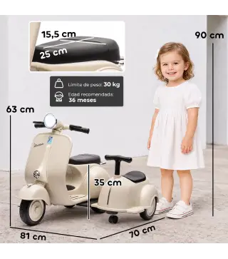 Moto Eléctrica para Niños Licencia VESPA con 2 Asientos Arranque Suave Luz Delantera Música USB y Almacenamiento Crema