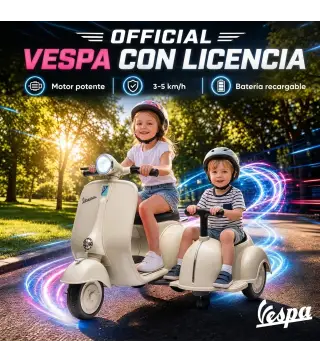 Moto Eléctrica para Niños Licencia VESPA con 2 Asientos Arranque Suave Luz Delantera Música USB y Almacenamiento Crema