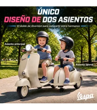 Moto Eléctrica para Niños Licencia VESPA con 2 Asientos Arranque Suave Luz Delantera Música USB y Almacenamiento Crema