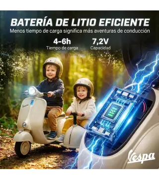 Moto Eléctrica para Niños Licencia VESPA con 2 Asientos Arranque Suave Luz Delantera Música USB y Almacenamiento Crema