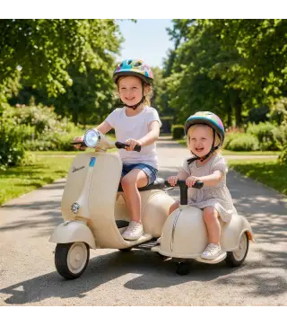 Moto Eléctrica para Niños Licencia VESPA con 2 Asientos Arranque Suave Luz Delantera Música USB y Almacenamiento Crema