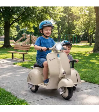 Moto Eléctrica para Niños Licencia VESPA con 2 Asientos Arranque Suave Luz Delantera Música USB y Almacenamiento Crema