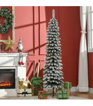 Árbol de Navidad Estrecho Nevado 180 cm con 395 Ramas y Soporte de Metal Plegable para Salón Interior Verde