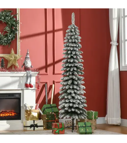 Árbol de Navidad Estrecho Nevado 180 cm con 395 Ramas y Soporte de Metal Plegable para Salón Interior Verde