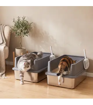 Juego de 2 Areneros Gatos de Acero Inoxidable XL Borde Alto 2 Palas para Gatos Grandes y Gatitos Múltiples Gris Oscuro