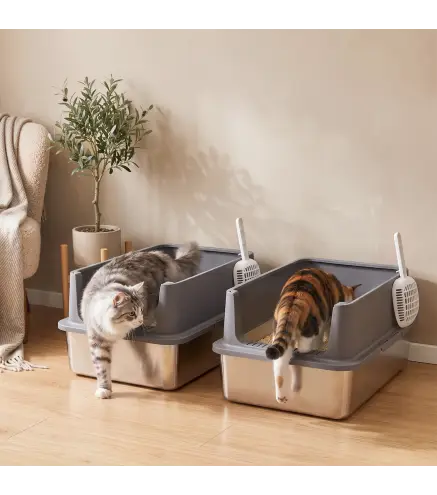 Juego de 2 Areneros Gatos de Acero Inoxidable XL Borde Alto 2 Palas para Gatos Grandes y Gatitos Múltiples Gris Oscuro