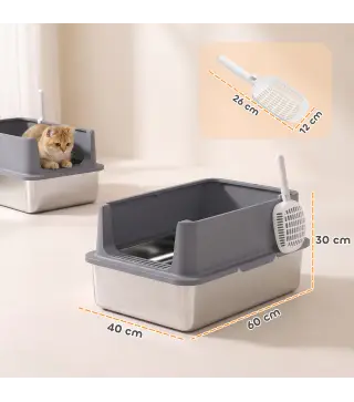 Juego de 2 Areneros Gatos de Acero Inoxidable XL Borde Alto 2 Palas para Gatos Grandes y Gatitos Múltiples Gris Oscuro