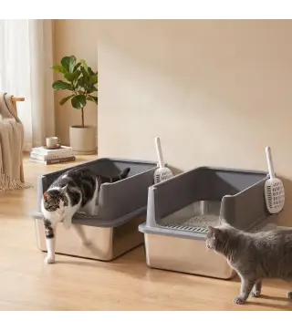 Juego de 2 Areneros Gatos de Acero Inoxidable XL Borde Alto 2 Palas para Gatos Grandes y Gatitos Múltiples Gris Oscuro