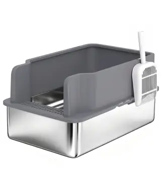 Arenero para Gatos de Acero Inoxidable L con Bandeja de Tamizado Borde Alto Pala 10 Empapadores Gris Oscuro