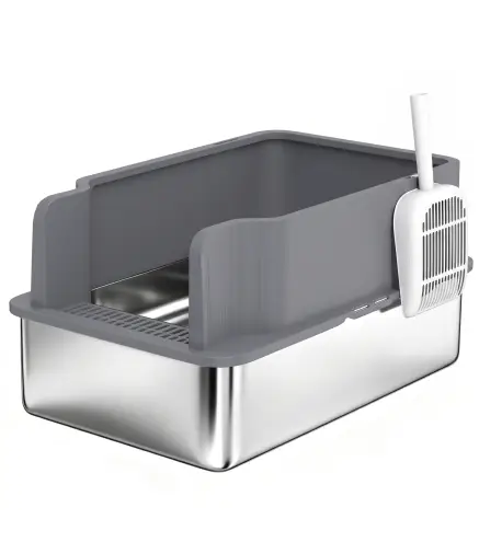 Arenero para Gatos de Acero Inoxidable L con Bandeja de Tamizado Borde Alto Pala 10 Empapadores Gris Oscuro