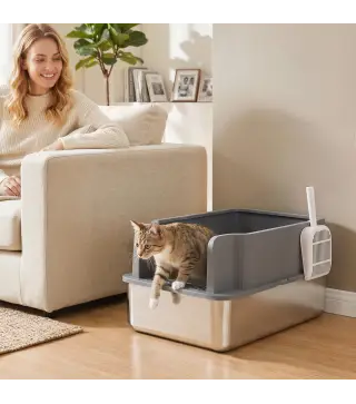 Arenero para Gatos de Acero Inoxidable L con Bandeja de Tamizado Borde Alto Pala 10 Empapadores Gris Oscuro