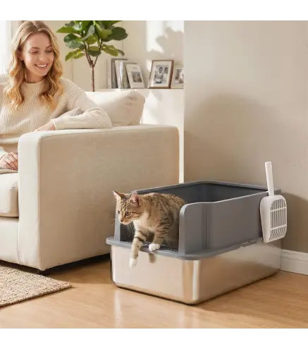 Arenero para Gatos de Acero Inoxidable L con Bandeja de Tamizado Borde Alto Pala 10 Empapadores Gris Oscuro