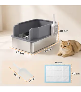 Arenero para Gatos de Acero Inoxidable L con Bandeja de Tamizado Borde Alto Pala 10 Empapadores Gris Oscuro