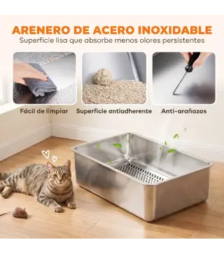 Arenero para Gatos de Acero Inoxidable L con Bandeja de Tamizado Borde Alto Pala 10 Empapadores Gris Oscuro