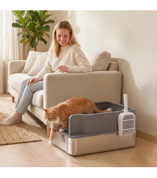 Arenero para Gatos de Acero Inoxidable L con Bandeja de Tamizado Borde Alto Pala 10 Empapadores Gris Oscuro