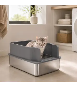 Arenero para Gatos de Acero Inoxidable L con Bandeja de Tamizado Borde Alto Pala 10 Empapadores Gris Oscuro