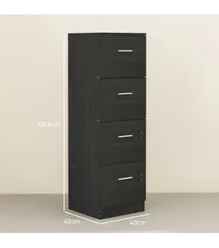 Cajonera Escritorio con 4 Cajones Cerraduras Barras Ajustables para Archivos Tamaño A4 y Carta 40x42x130,8 cm Negro