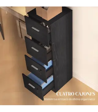 Cajonera Escritorio con 4 Cajones Cerraduras Barras Ajustables para Archivos Tamaño A4 y Carta 40x42x130,8 cm Negro