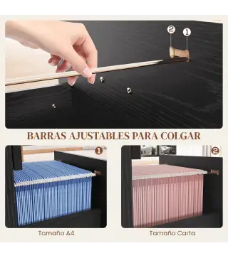 Cajonera Escritorio con 4 Cajones Cerraduras Barras Ajustables para Archivos Tamaño A4 y Carta 40x42x130,8 cm Negro