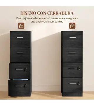Cajonera Escritorio con 4 Cajones Cerraduras Barras Ajustables para Archivos Tamaño A4 y Carta 40x42x130,8 cm Negro