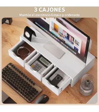 Elevador de Monitor con 3 Cajones para Escritorio PC Portátil 51x24x13 cm Blanco