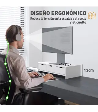 Elevador de Monitor con 3 Cajones para Escritorio PC Portátil 51x24x13 cm Blanco