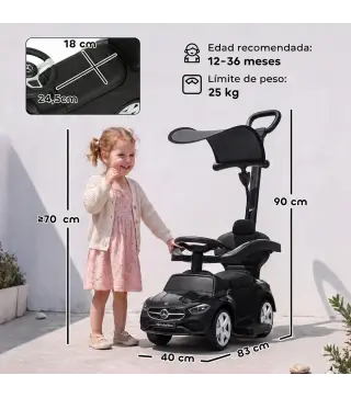 Correpasillos Bebés 3 en 1 Mercedes-Benz con Barra de Empuje Capota Barandilla de Seguridad Música 12-36 Meses Negro