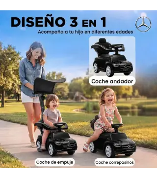 Correpasillos Bebés 3 en 1 Mercedes-Benz con Barra de Empuje Capota Barandilla de Seguridad Música 12-36 Meses Negro