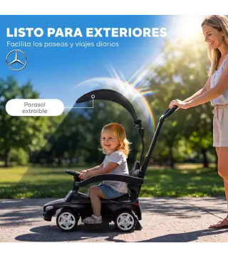 Correpasillos Bebés 3 en 1 Mercedes-Benz con Barra de Empuje Capota Barandilla de Seguridad Música 12-36 Meses Negro