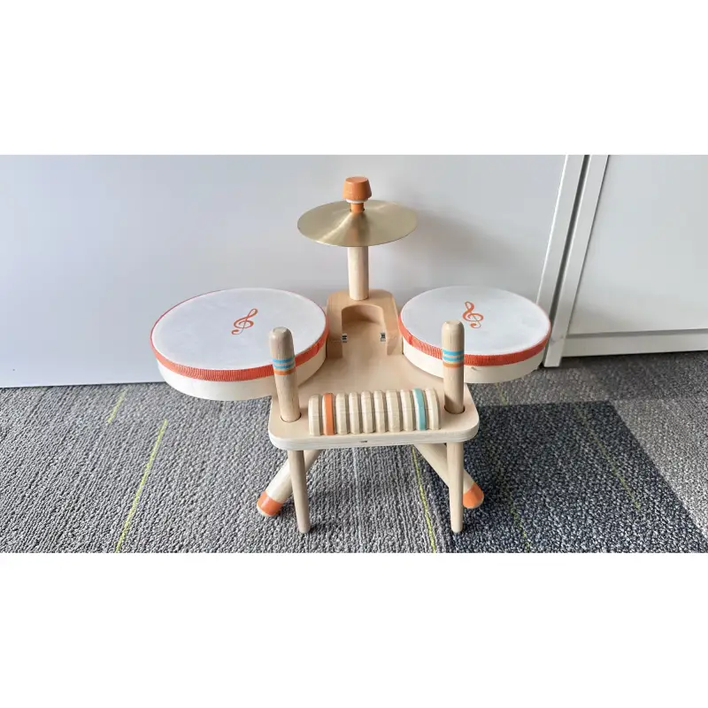 Tambor Infantil de Madera Instrumentos Musicales Montessori con Platillo Raspador y 2 Baquetas para 18 Meses a 6 Años