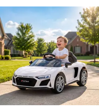 Coche Eléctrico Niños Audi R8 Spyder 12V con Mando a Distancia 2,4 G 2 Motores Arranque Suave Suspensión Trasera Blanco