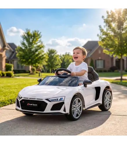 Coche Eléctrico Niños Audi R8 Spyder 12V con Mando a Distancia 2,4 G 2 Motores Arranque Suave Suspensión Trasera Blanco