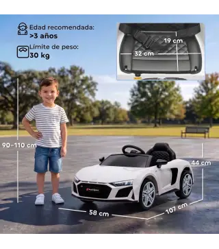 Coche Eléctrico Niños Audi R8 Spyder 12V con Mando a Distancia 2,4 G 2 Motores Arranque Suave Suspensión Trasera Blanco