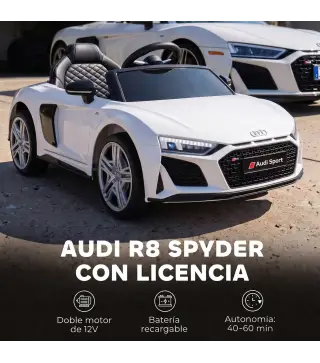 Coche Eléctrico Niños Audi R8 Spyder 12V con Mando a Distancia 2,4 G 2 Motores Arranque Suave Suspensión Trasera Blanco