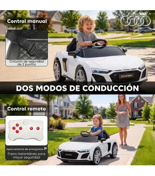 Coche Eléctrico Niños Audi R8 Spyder 12V con Mando a Distancia 2,4 G 2 Motores Arranque Suave Suspensión Trasera Blanco