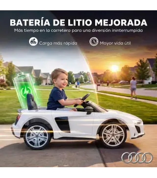 Coche Eléctrico Niños Audi R8 Spyder 12V con Mando a Distancia 2,4 G 2 Motores Arranque Suave Suspensión Trasera Blanco