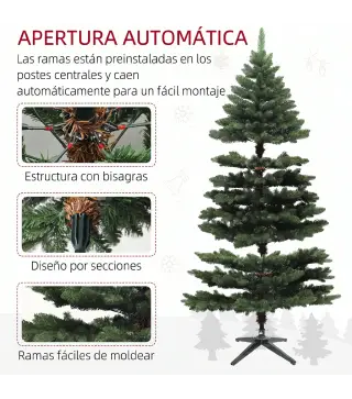 Árbol de Navidad Artificial 180 cm con 1050 Ramas y Base de Acero Plegable Montaje Rápido para Salón Interior Verde