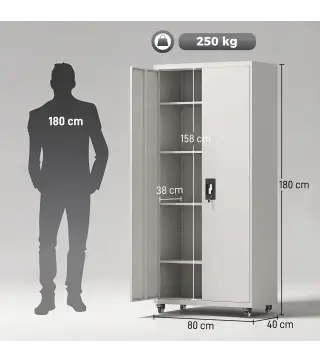 Armario de Herramientas de Acero 180 cm con Ruedas Extraíbles Estantes Ajustables Carga 250 kg para Garaje Blanco
