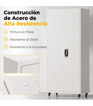 Armario de Herramientas de Acero 180 cm con Ruedas Extraíbles Estantes Ajustables Carga 250 kg para Garaje Blanco